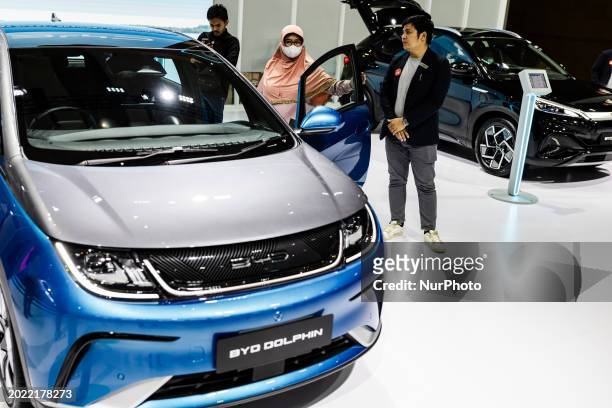 The BYD Dolphin Electric Vehicle from China is being showcased at the Indonesia International Motor Show in Jakarta, Indonesia, on February 22, 2024....