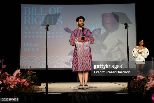 Award winner Alok Vaid-Menon on stage during the ACLU Of Southern California's Centennial Bill Of Rights Awards Show at The Westin Bonaventure Hotel...