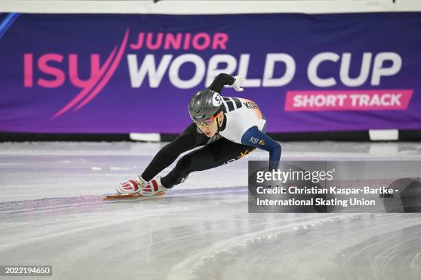 Shin Dong Min of Korea performes during the ISU Junior World Cup Short Track Speed Skating at Thialf Ice Arena on February 18, 2024 in Heerenveen,...