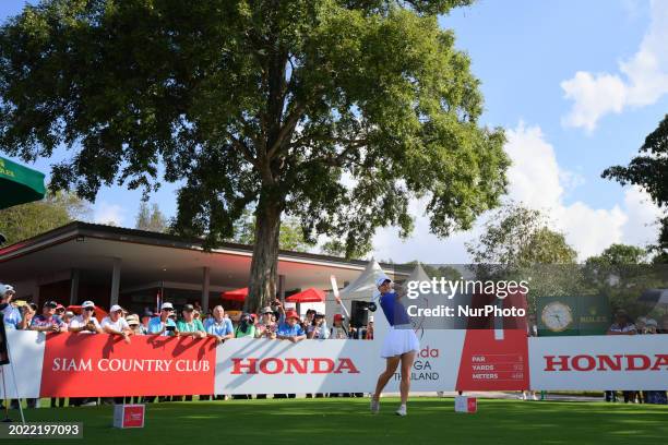 Charley Hull of England is playing her tee shot during the first round of the Honda LPGA Thailand 2024 at Siam Country Club Old Course in Chonburi,...