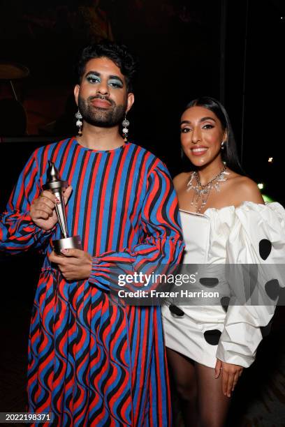 Award winner Alok Vaid-Menon and Rupi Kaur backstage during the ACLU Of Southern California's Centennial Bill Of Rights Awards Show at The Westin...