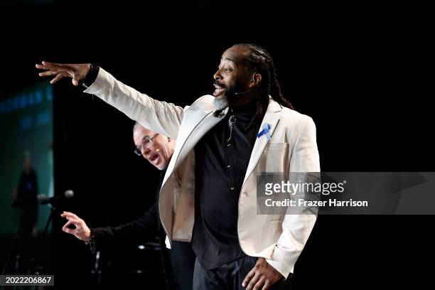 Steve Connell and Sekou Andrews on stage during the ACLU Of Southern California's Centennial Bill Of Rights Awards Show at The Westin Bonaventure...