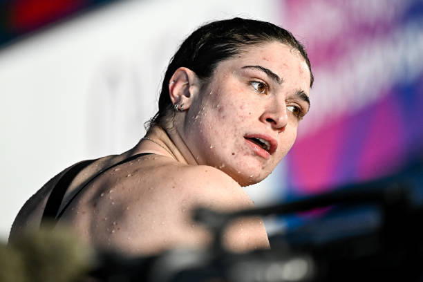 Benedetta Pilato of Italy reacts after winning the bronze medal in the swimming 50m Breaststroke Women Final during the 21st World Aquatics...