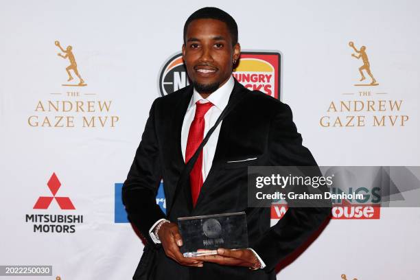 Bryce Cotton of the Wildcats poses after winning the Chemist Warehouse Fans MVP during the 2024 NBL MVP Awards Night at CIEL The Venue on February...