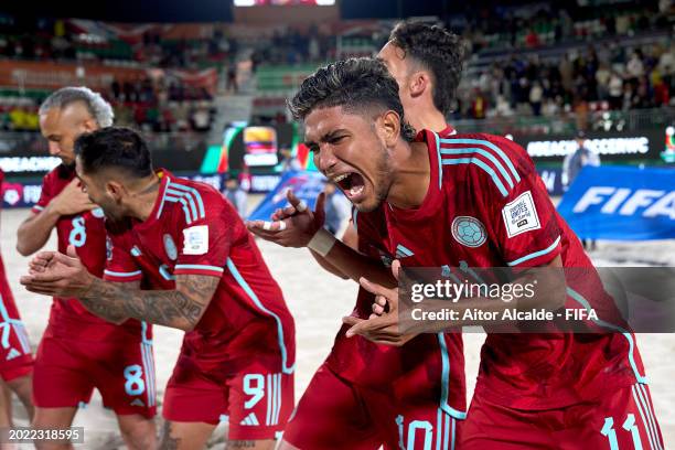 Esleider Avila of Colmbia reacts during the national anthem during the FIFA Beach Soccer World Cup UAE 2024 Group C match between Senegal and...