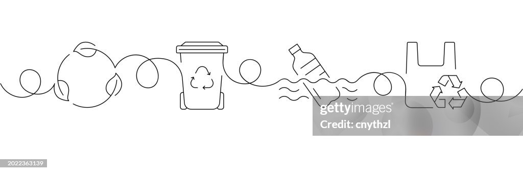 連続的な1本の線画のリサイクルと廃棄物ゼロのアイコンのコンセプト。単一行のベクトル図。
