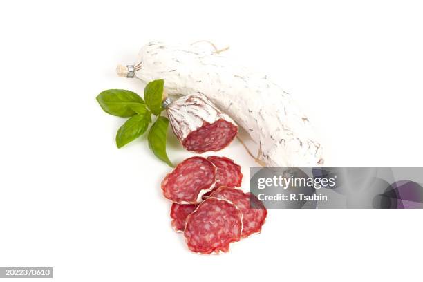 salami sliced on the white background - cure 2013 stock pictures, royalty-free photos & images