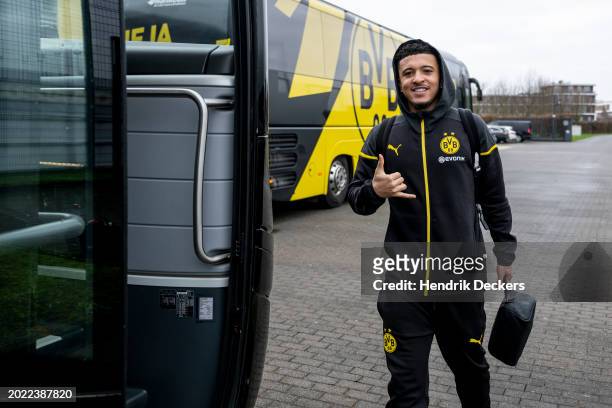 Jadon Sancho of Borussia Dortmund as the team departs to Eindhoven ahead of their UEFA Champions League round of 16 match against PSV Eindhoven at...