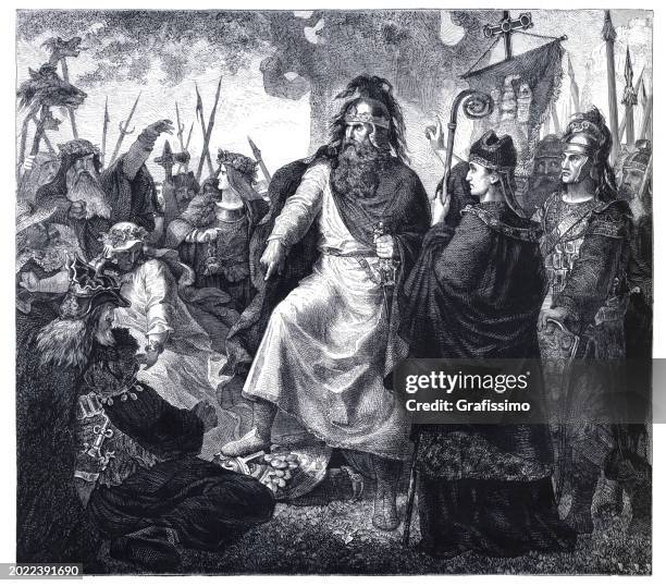 emperor charlemagne destroying irminsul in saxony 782 engraving - submissive art stock illustrations