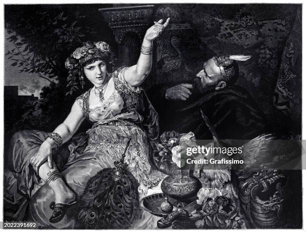 scheherazade and the sultan engraving 1884 - scheherazade stock illustrations