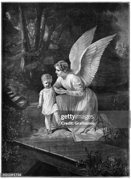 guardian angel teaching first steps to a baby engraving 1884 - angel holding baby stock illustrations