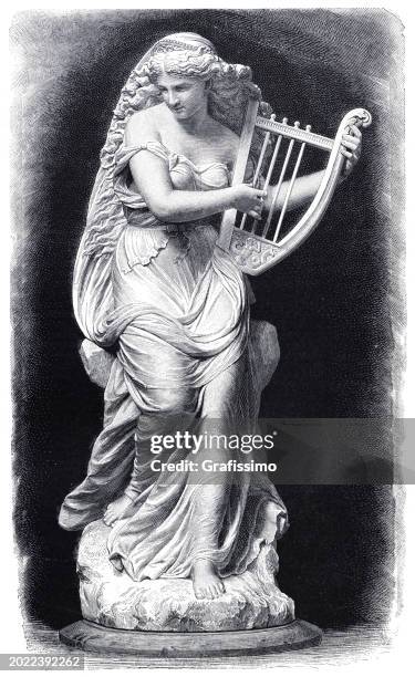 stockillustraties, clipart, cartoons en iconen met lorelei siren of germanic mythology engraving 1884 - harp