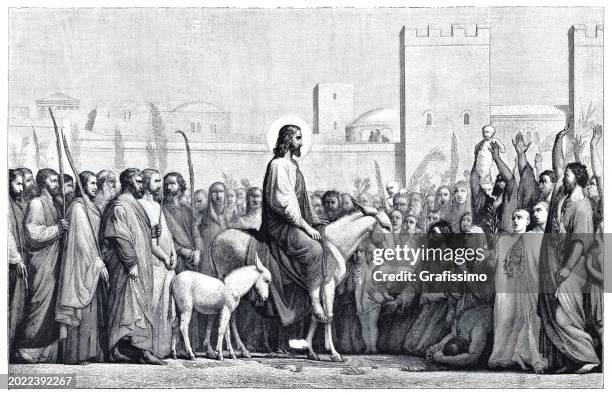 jesus triumphal entry into jerusalem israel on palm sunday engraving - jesus palm sunday stock illustrations