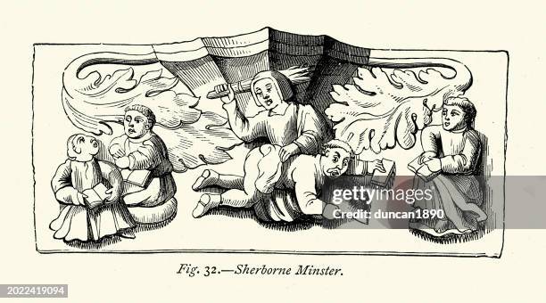 woman birching a monk, medieval wood carving from a church stall, sherborne minster - corporal punishment stock illustrations