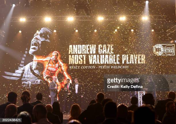 Bryce Cotton of the Perth Wildcats wins the Andrew Gaze MVP award during the 2024 NBL MVP Awards Night at CIEL The Venue on February 19, 2024 in...