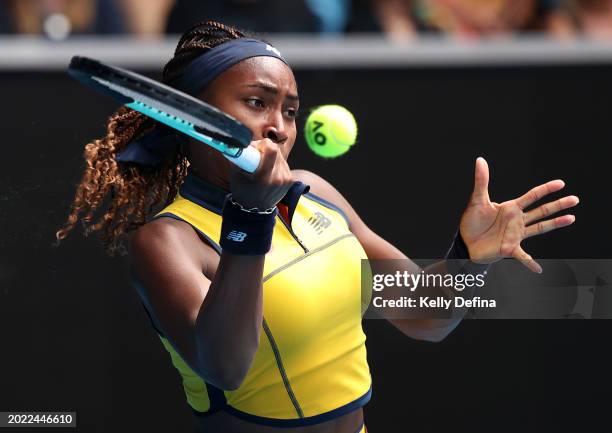 Coco Gauff of the United States plays a forehand in their round three singles match against Alycia Parks of the United States during the 2024...