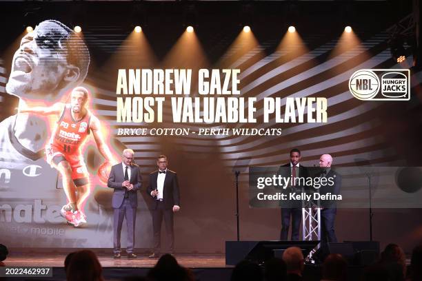 Bryce Cotton of the Perth Wildcats wins the Andrew Gaze MVP award during the 2024 NBL MVP Awards Night at CIEL The Venue on February 19, 2024 in...