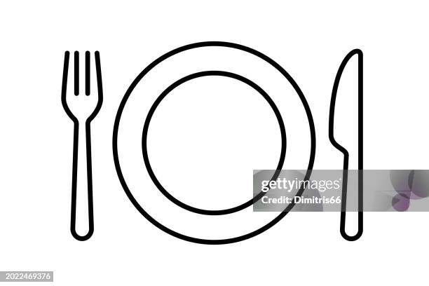 illustrations, cliparts, dessins animés et icônes de icône de plaque, de fourchette et de couteau avec trait modifiable - dejeuner