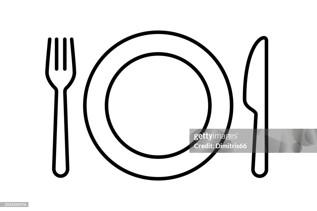 Plate, fork and knife icon with editable stroke
