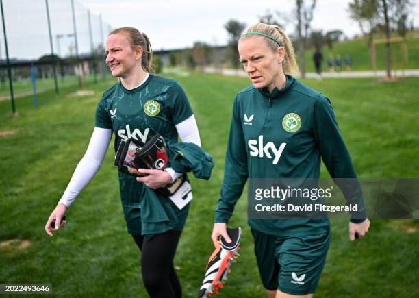 Florence , Italy - 22 February 2024; Diane Caldwell, right, and goalkeeper Courtney Brosnan arrive to a Republic of Ireland women training session at...