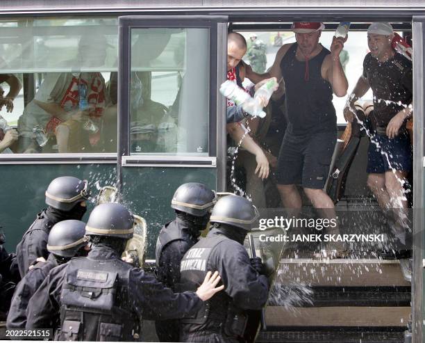 Polish border guards and police clash with fake hooligans 11 May 2006 at the border crossing point of Lubieszyn, near Szczecin, during joint...