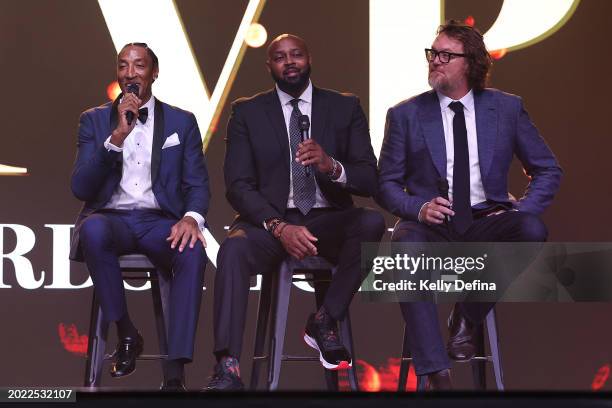 Scottie Pippen, Horace Grant and Luc Longley speak during the 2024 NBL MVP Awards Night at CIEL The Venue on February 19, 2024 in Melbourne,...