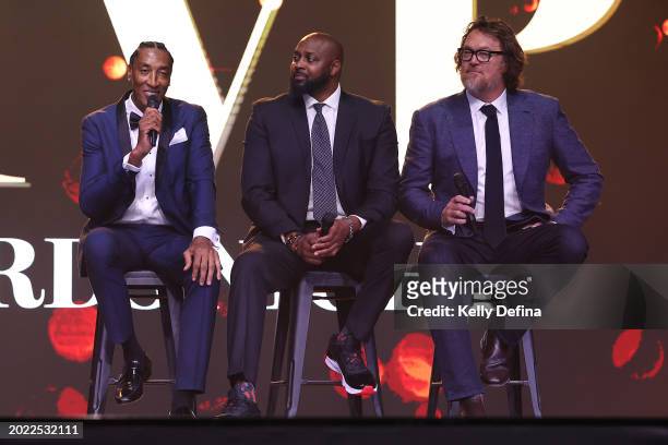 Scottie Pippen, Horace Grant and Luc Longley speak during the 2024 NBL MVP Awards Night at CIEL The Venue on February 19, 2024 in Melbourne,...