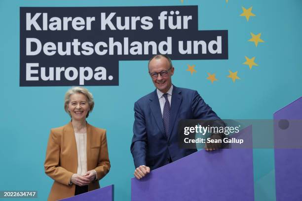 Ursula von der Leyen, President of the European Commission and member of the German Christian Democrats , and CDU head Friedrich Merz pose for...