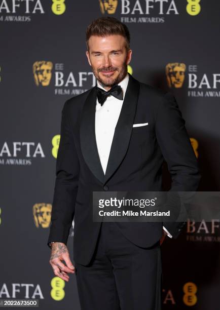 David Beckham poses in the winners room at the 2024 EE BAFTA Film Awards at The Royal Festival Hall on February 18, 2024 in London, England.