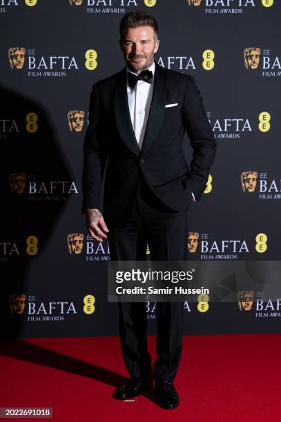 David Beckham poses in the winners room at the 2024 EE BAFTA Film Awards at The Royal Festival Hall on February 18, 2024 in London, England.