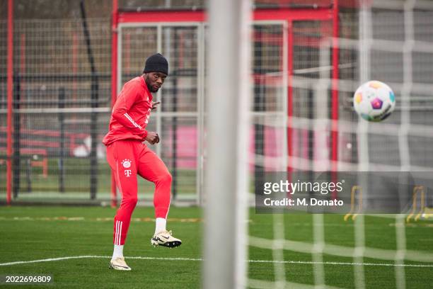 Alphonso Davies of FC Bayern Muenchen at Saebener Strasse training ground on February 22, 2024 in Munich, Germany.
