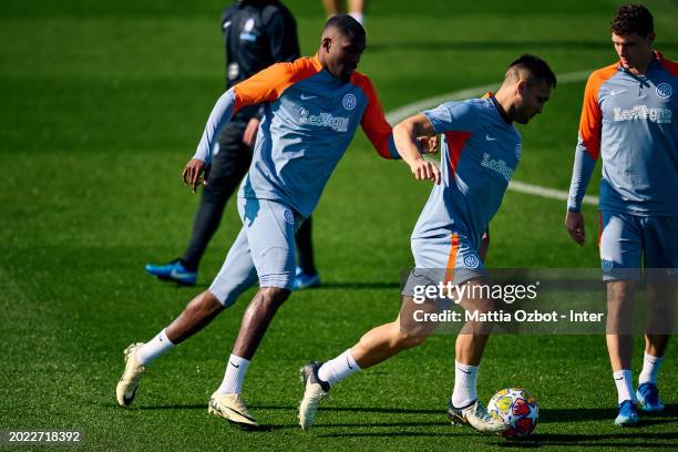 Lautaro Martinez of FC Internazionale, Marcus Thuram of FC Internazionale in action during the FC Internazionale training session to present UEFA...