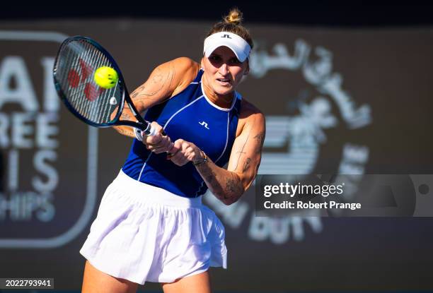 Marketa Vondrousova of the Czech Republic in action against Sorana Cirstea of Romania in the quarter-final on Day 5 of the Dubai Duty Free Tennis...