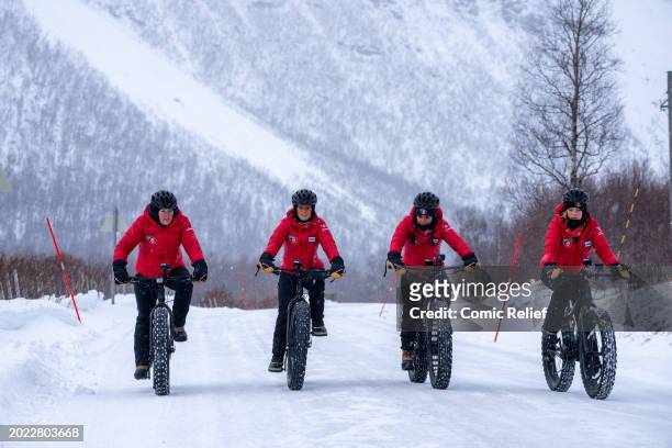 Sara Davies, Vicky Pattison, Alex Scott and Laura Whitmore ride their fat bikes at the start of the 'Snow Going Back' challenge through the Arctic...