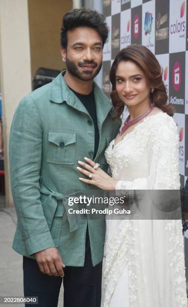 Vicky Jain and Ankita Lokhande are seen at filmistan studio on February 19, 2024 in Mumbai, India.