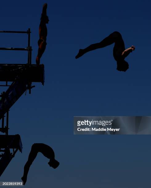Athletes train before the Men's High Diving Rounds 1 & 2 on day twelve of the Doha 2024 World Aquatics Championships at Doha Port on February 13,...