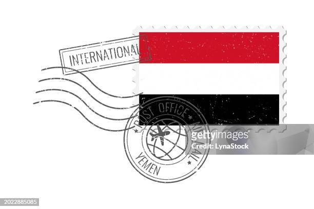yemen grunge postage stamp. vintage postcard vector illustration with yemeni national flag isolated on white background. retro style. - mail stock illustrations stock-grafiken, -clipart, -cartoons und -symbole