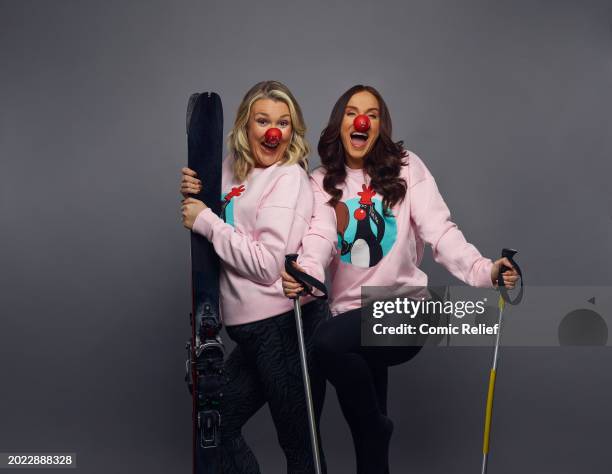 Businesswoman and entrepreneur, Sara Davies and Vicky Pattison pose for the 2024 Red Nose Day challenge Snow Going Back while wearing a Wallace and...