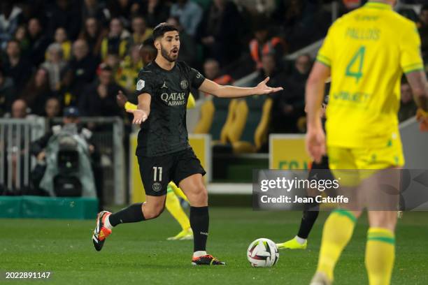 Marco Asensio of PSG in action during the Ligue 1 Uber Eats match between FC Nantes and Paris Saint-Germain at Stade de la Beaujoire on February 17,...