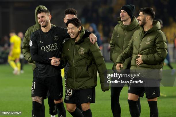 Lucas Hernandez, Lee Kang-in, Fabian Ruiz Pena, Marco Asensio of PSG celebrate the victory following the Ligue 1 Uber Eats match between FC Nantes...