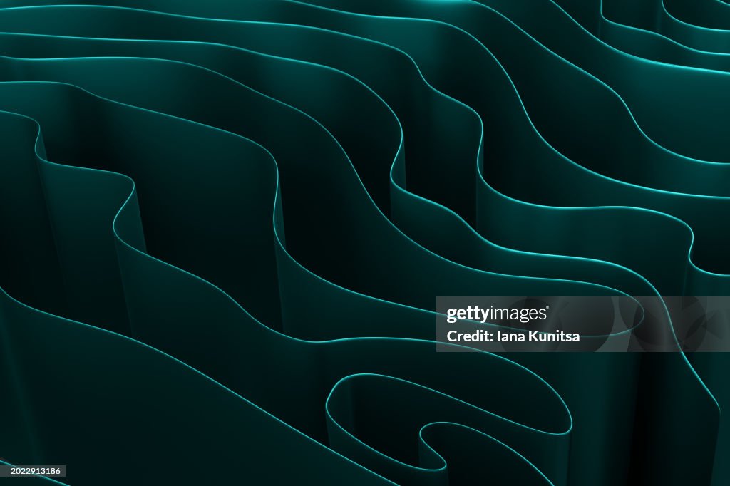 Beautiful futuristic glossy layered dark green, turquoise, blue metallic technology background. 3D textile, silk, satin texture, abstract pattern.
