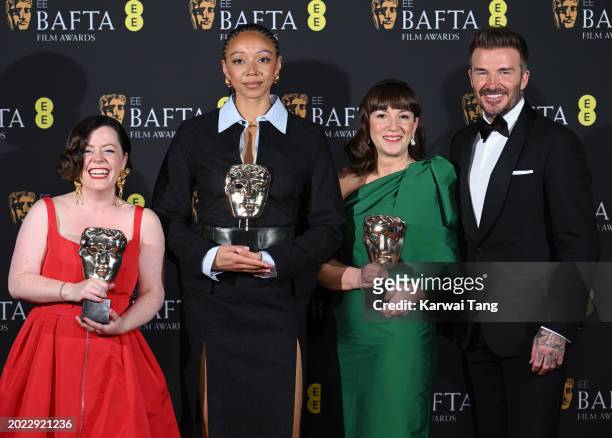 Medb Riordan, Savanah Leaf, Shirley O'Connor and David Beckham pose in the Winners Room for the Outstanding Debut by a British Writer, Director or...