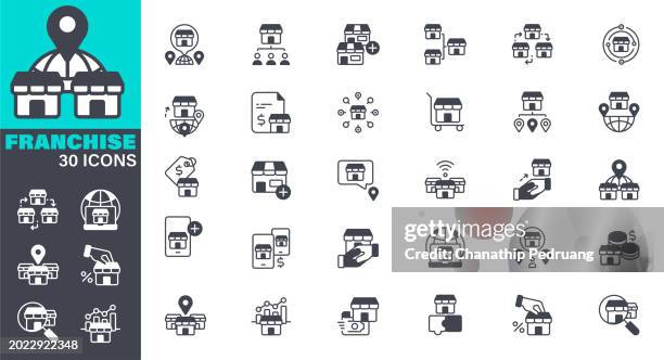 ilustrações, clipart, desenhos animados e ícones de conjunto de ícones de franquia. sólida coleção de ícones. elementos gráficos vetoriais, símbolo de ícone, negócio, estrutura construída, negócio, gráfico, global, cadeia, expansão, loja. - franchising icon