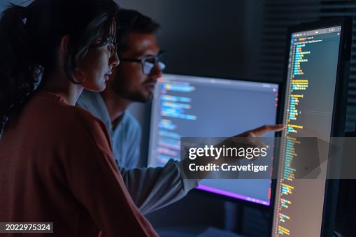 Computer, Female programmer and male training for coding, cyber security or software on computer. Female IT specialist, male coder or talking to connect internet, information update and cloud computing . coding development concept. Computer, Female programmer and male training for coding, cyber security or software on computer. Female IT specialist, male coder or talking to connect internet, information update and cloud computing . coding development concept.