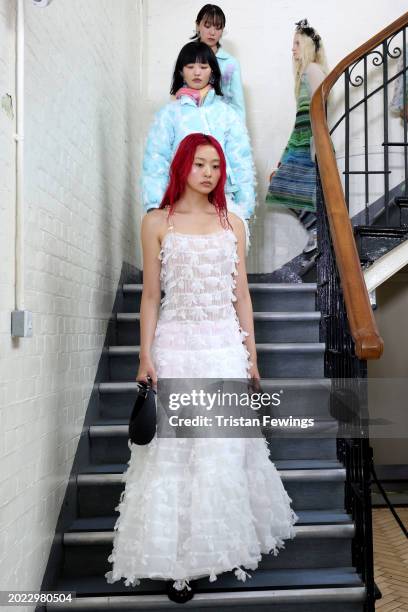 Model walks the runway at the Susan Fang show during London Fashion Week February 2024 at on February 19, 2024 in London, England.