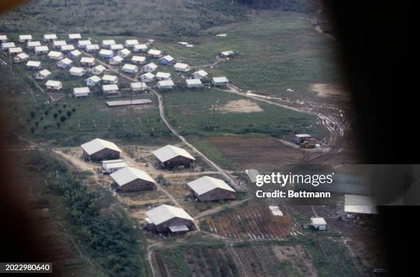 Aerial view of cabins at the Peoples Temple compound in Jonestown, Guyana, where more than 900 members of the cult, led by Reverend Jim Jones, died...