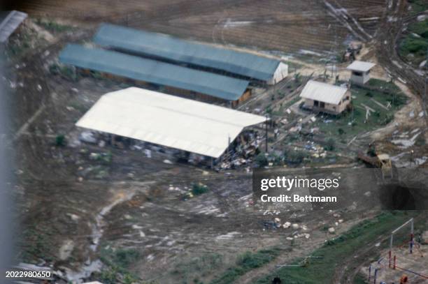 Aerial view of the Peoples Temple compound in Jonestown, Guyana, where more than 900 members of the cult, led by Reverend Jim Jones, died from...