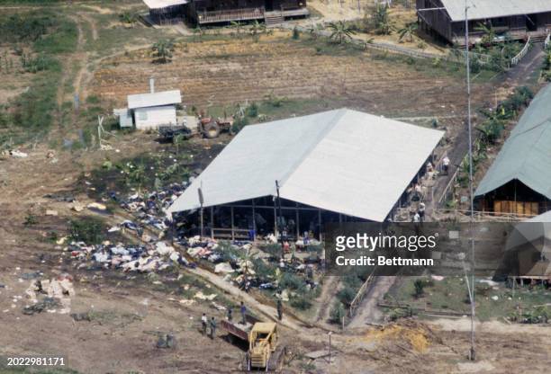 Aerial view of the pavilion at the Peoples Temple compound in Jonestown, Guyana, where more than 900 members of the cult, led by Reverend Jim Jones,...