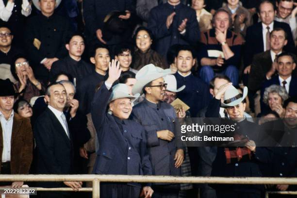 Chinese Vice Premier Deng Xiaoping wearing a Stetson cowboy hat presented to him at a rodeo he attended in Simonton, Texas, February 2nd 1979. Next...