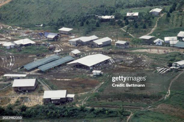 Aerial view of the Peoples Temple compound in Jonestown, Guyana, where more than 900 members of the cult, led by Reverend Jim Jones, died from...